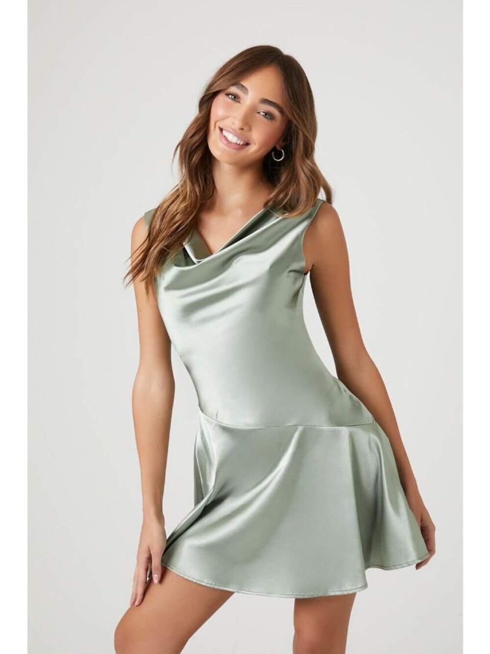Blue Blush Satin Cowl Neck Mini Slip Dress Small Green Sleeveless Back Zip Party